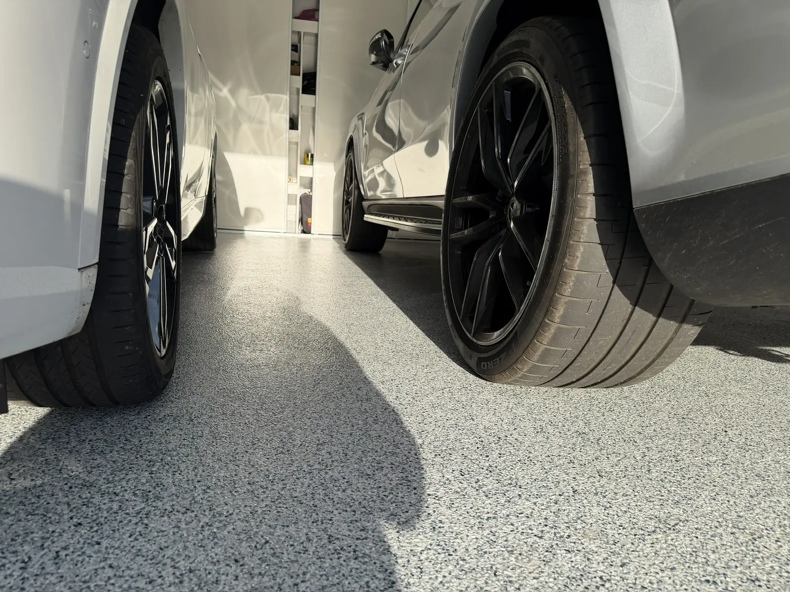 Grey decorative flake coating in a double residential garage
