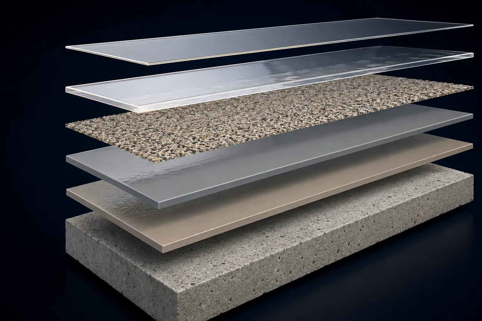 Exploded 3D diagram of the Hyper Flake flooring system layers