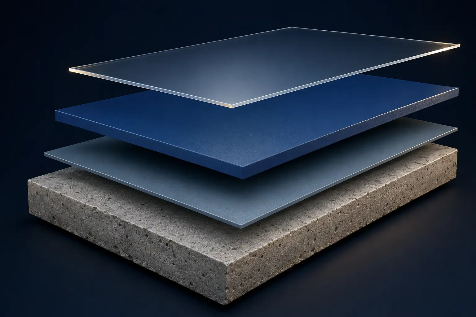 Exploded 3D diagram of the Plain Coat epoxy flooring system layers