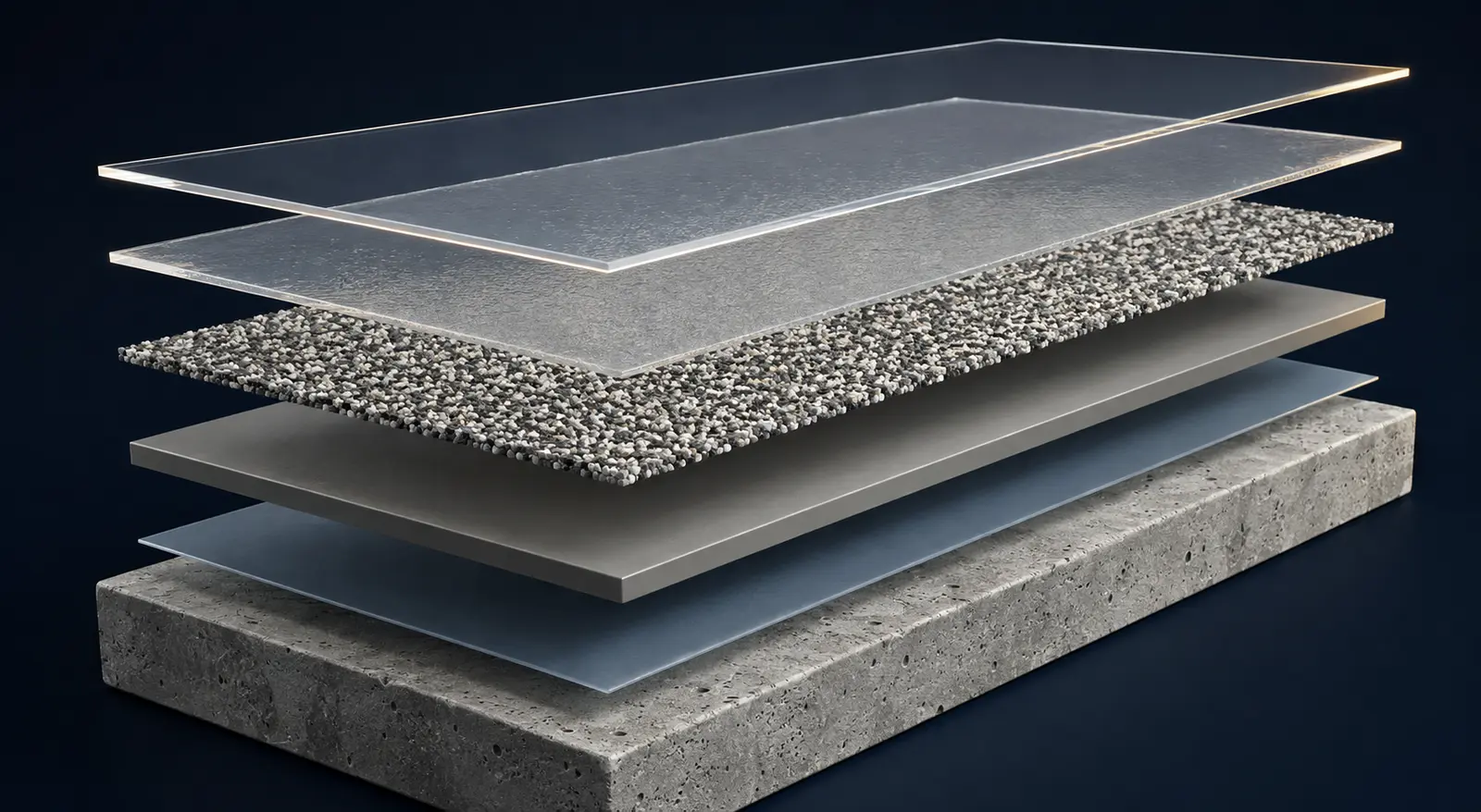 Exploded 3D diagram of the Quartz Shield flooring system layers