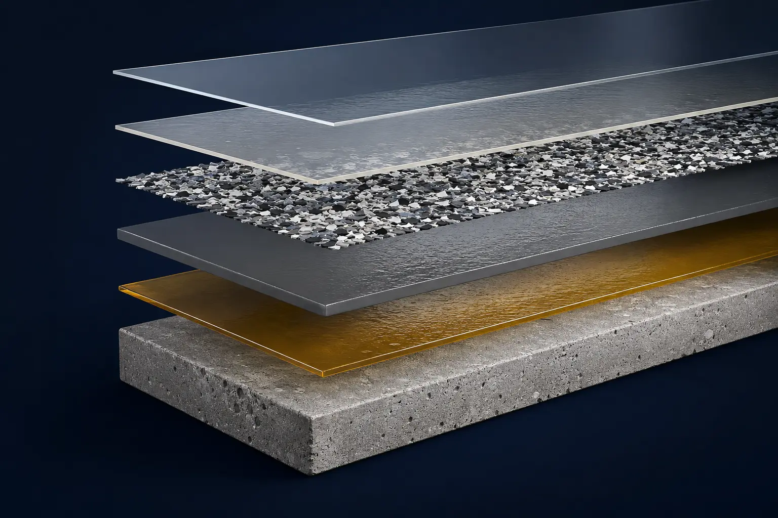 Exploded 3D diagram of the Ultra Flake flooring system layers